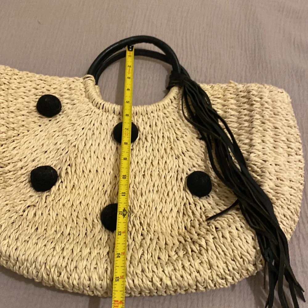 Rebecca Mincoff Stylish Black and Tan Straw Pom Pom Women's Handbag